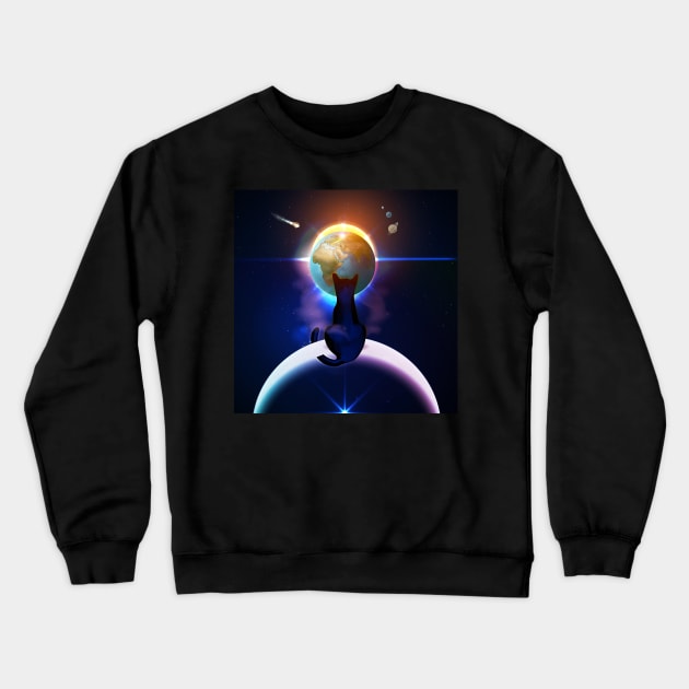 Cat Watching Sunset Sitting on Crescent Moon from Earth Space View - Eclipse Crewneck Sweatshirt by Qprinty